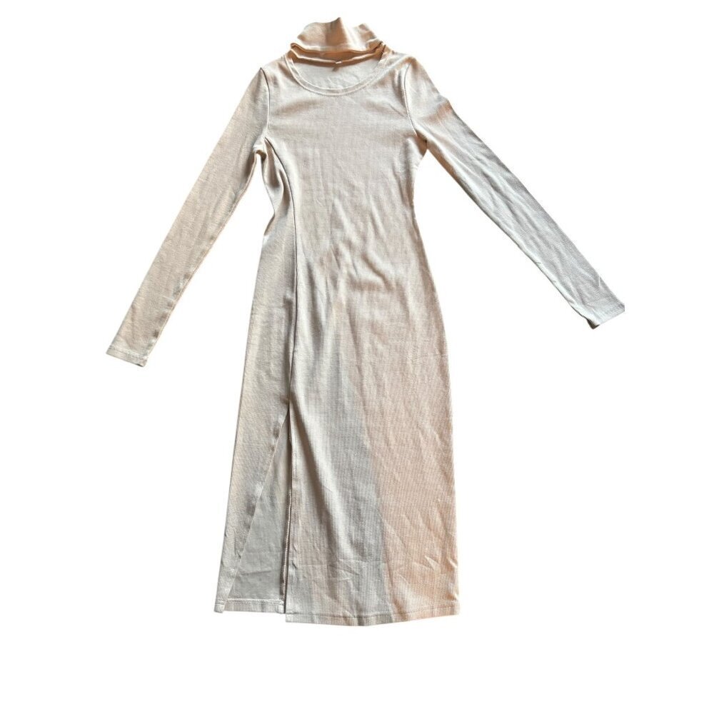 Women's Tan Turtle Neck Long Sleeve Mid Length Dress - Picture 4 of 8